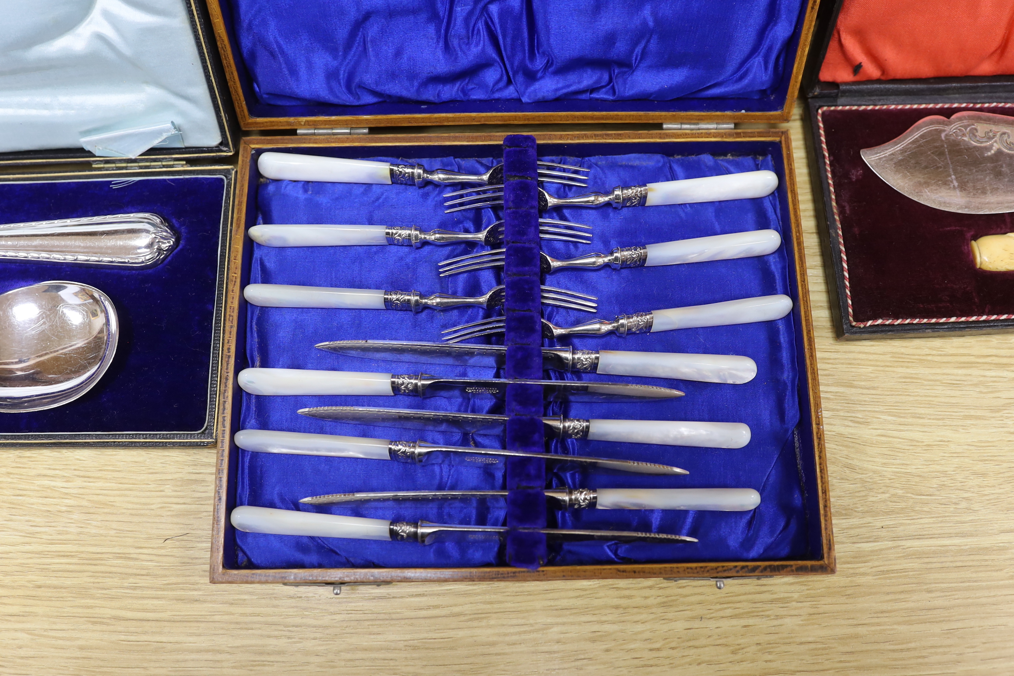 Two oak cased canteens of Old English pattern plated flatware and smaller boxes of cutlery